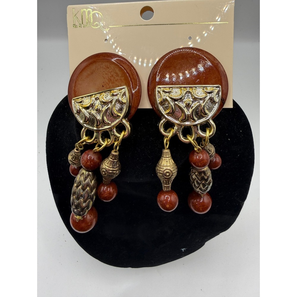 Kiss Me Quick Vintage Style Statement Earrings Terracotta Resin Gold Tone Drop